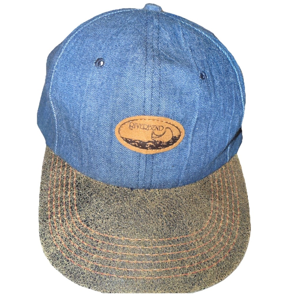 Riverbend Denim Hat Leather Bill‎ Snapback Made In USA VINTAGE